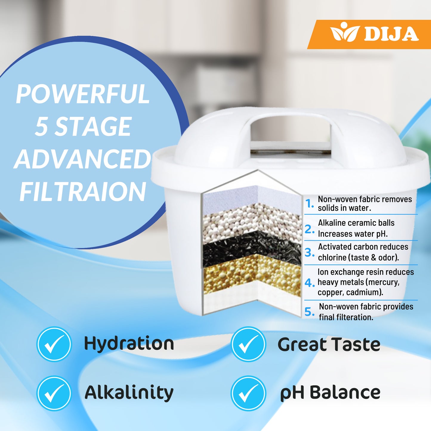 DIJA Alkaline Water 30 Cups Filtration Countertop Dispenser