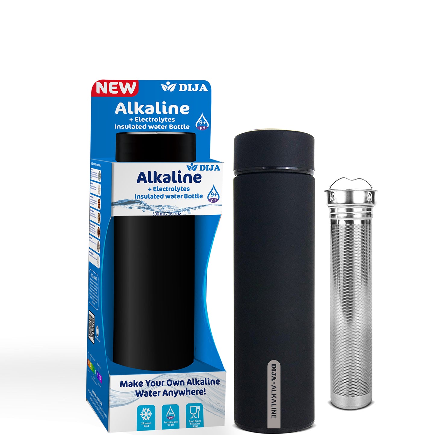 DIJA Alkaline Insulated Water Bottle Includes Filter Improve PH 9+, Keep Cold up to 24 hours, 500ml Stainless Steel Water Bottle